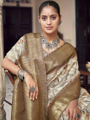 Precious Cream & Brown Digital Printed Silk Event Wear Saree