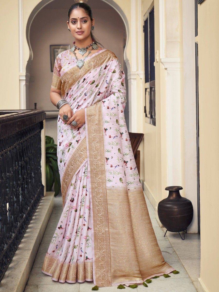 Pink floral printed saree with gold border, ethnic Indian wear for women