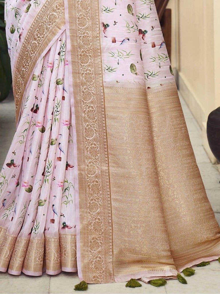 Stunning Light Pink Digital Printed Silk Function Wear Saree With Blouse
