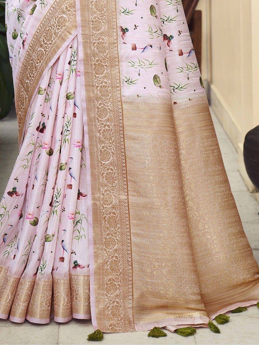 Pink floral printed saree with gold lace border and tassels, Indian ethnic wear