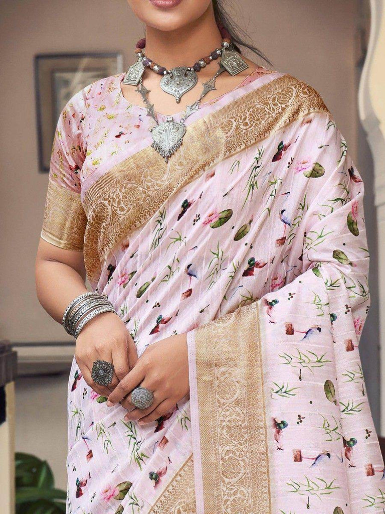Stunning Light Pink Digital Printed Silk Function Wear Saree With Blouse