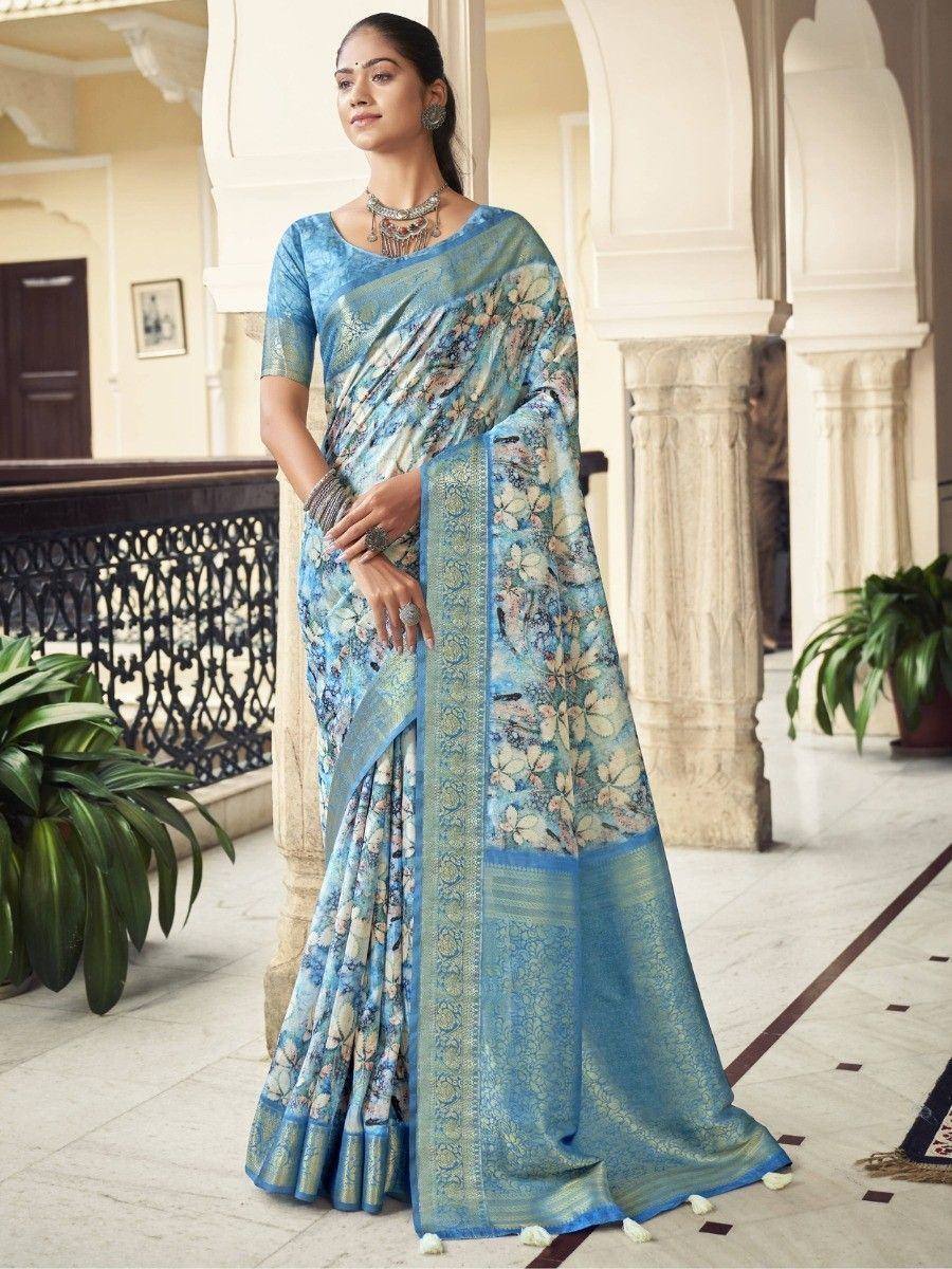 Blue floral print saree with gold border, ethnic Indian wear for women