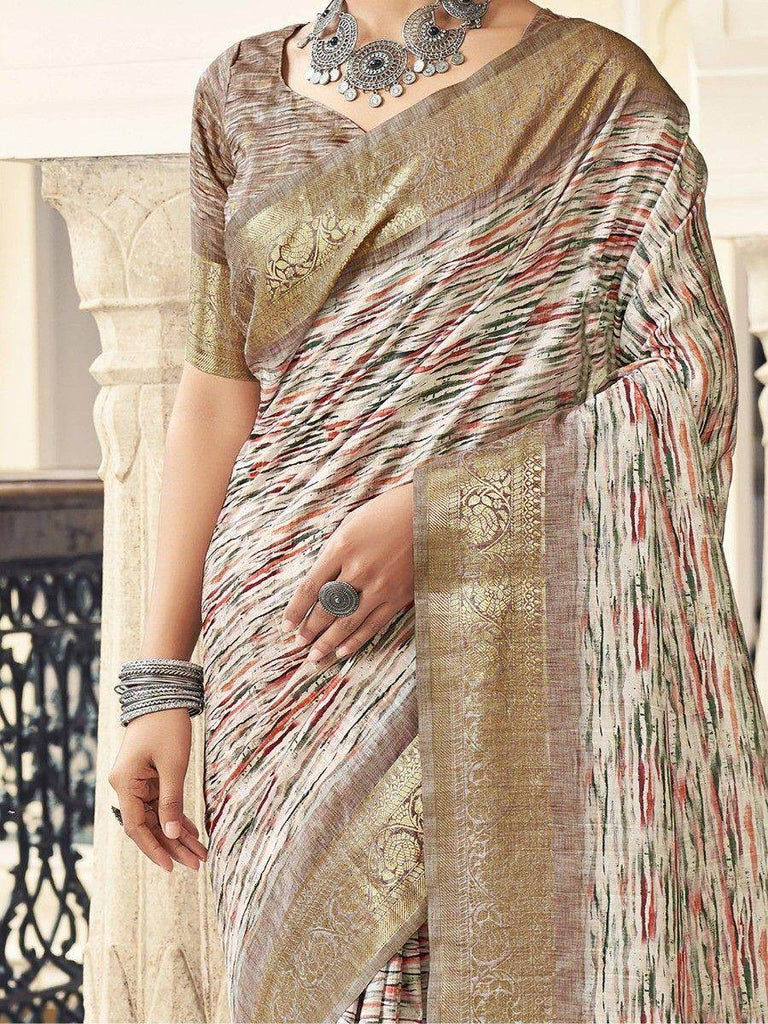 Awesome White & Golden Digital Print Silk Traditional Saree With Blouse