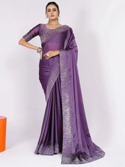 Glamorous Purple Stone Work Rangoli Silk Event Wear Saree With Blouse