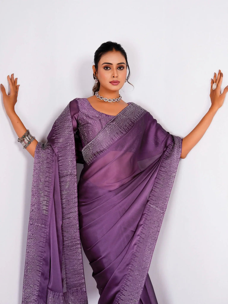 Glamorous Purple Stone Work Rangoli Silk Event Wear Saree With Blouse