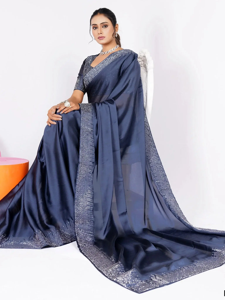 Bewitching Dusty Blue Stone Work Rangoli Silk Reception Wear Saree