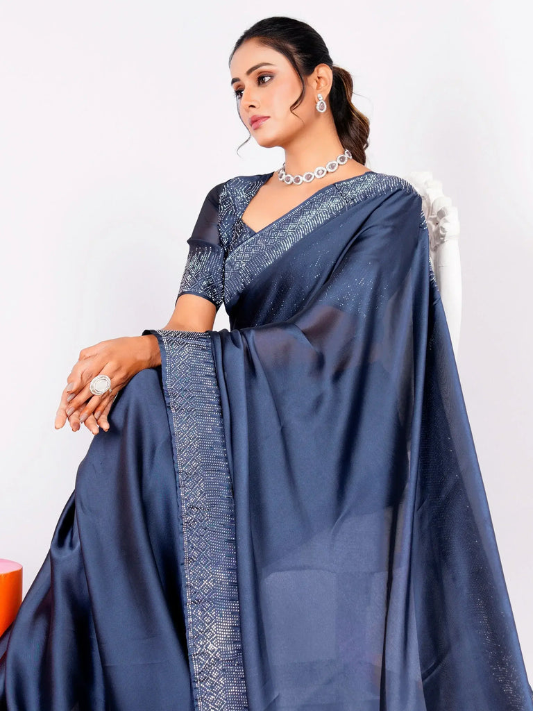 Bewitching Dusty Blue Stone Work Rangoli Silk Reception Wear Saree