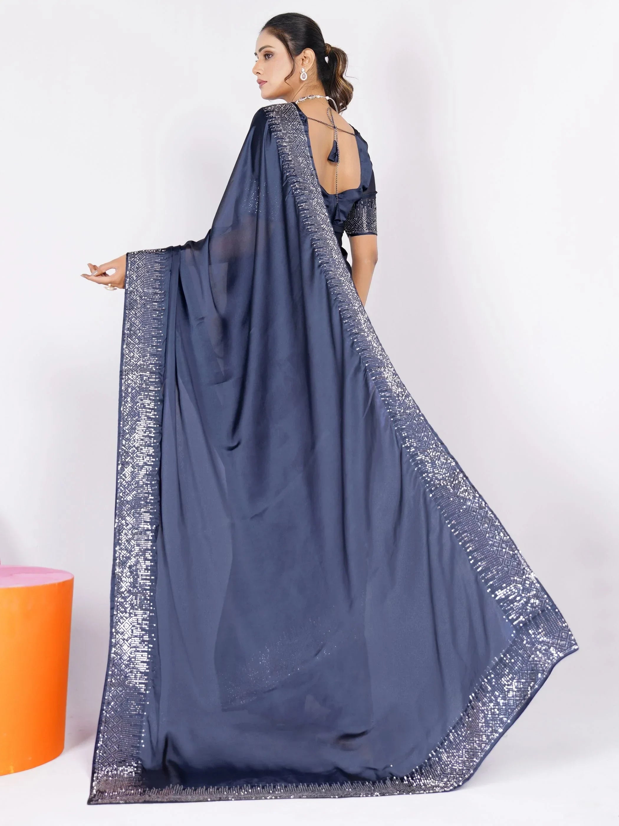 Bewitching Dusty Blue Stone Work Rangoli Silk Reception Wear Saree
