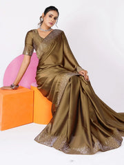 Fascinating Olive Green Stone Work Rangoli Silk Party Wear Saree With Blouse
