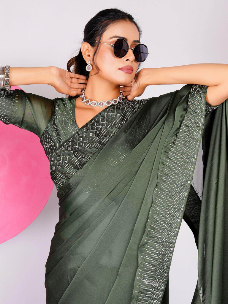 Mesmerizing Dusty Green Stone Work Rangoli Silk Designer Saree With Blouse