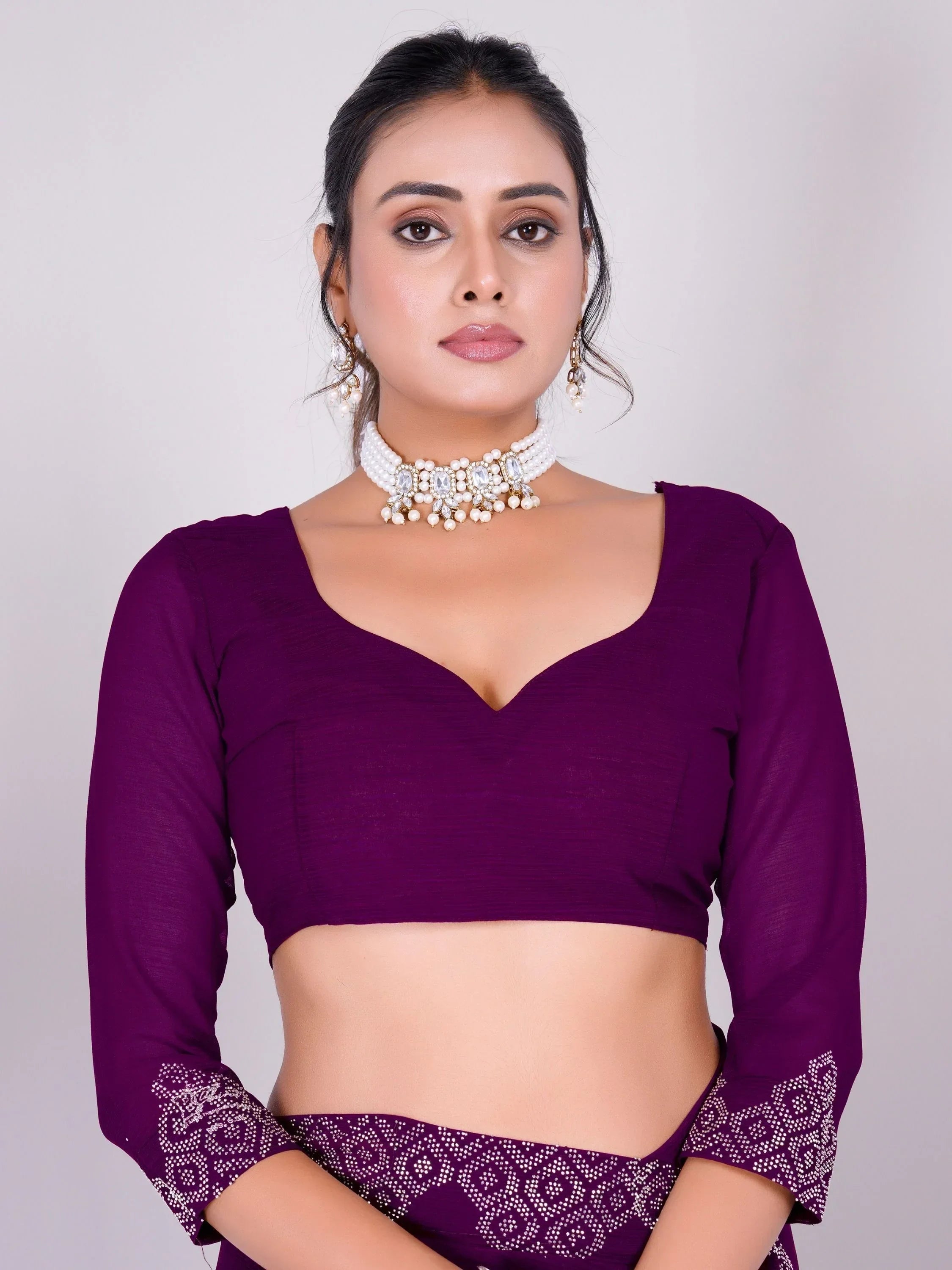 Fascinating Purple Swarovski Work Georgette Party Wear Saree