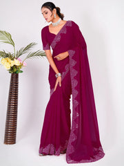 Glamorous Pink Swarovski Work Georgette Reception Wear Saree