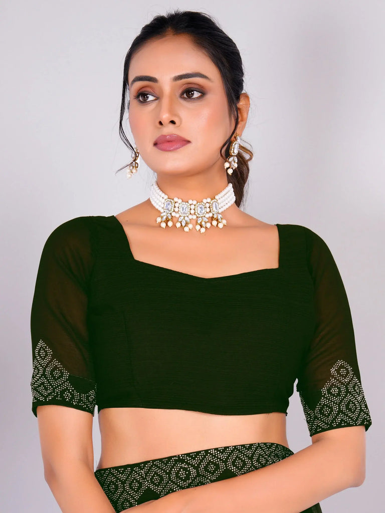 Enchanting Green Swarovski Work Georgette Mehendi Wear Saree