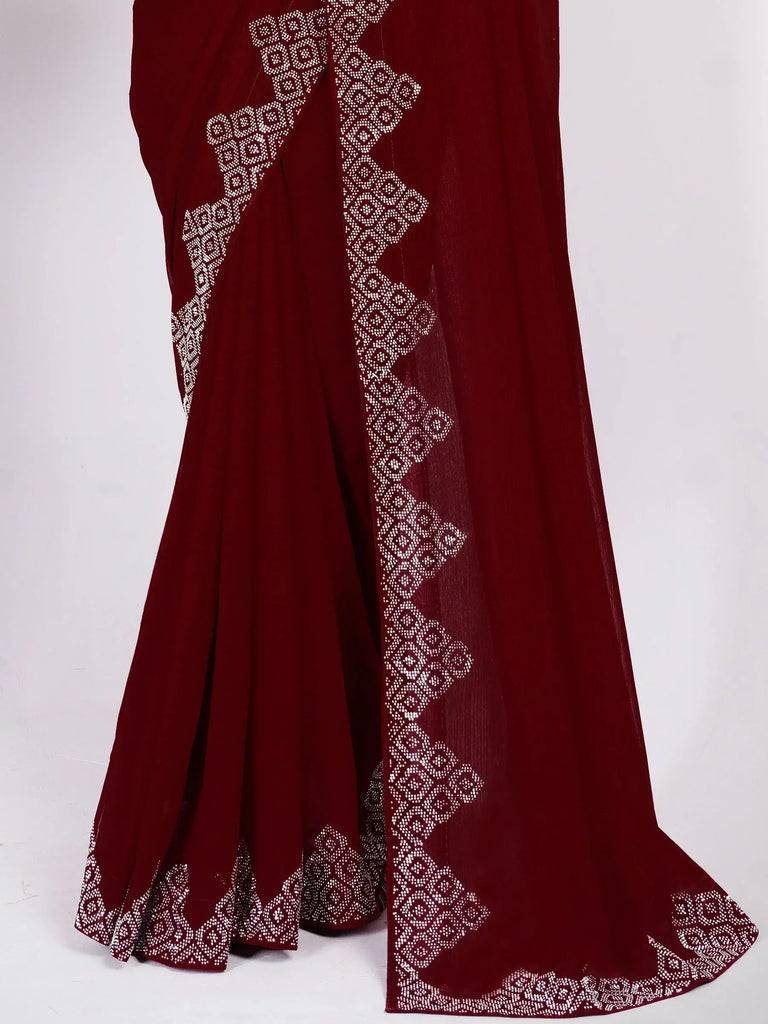 Stunning Maroon Swarovski Work Georgette Designer Saree With Blouse