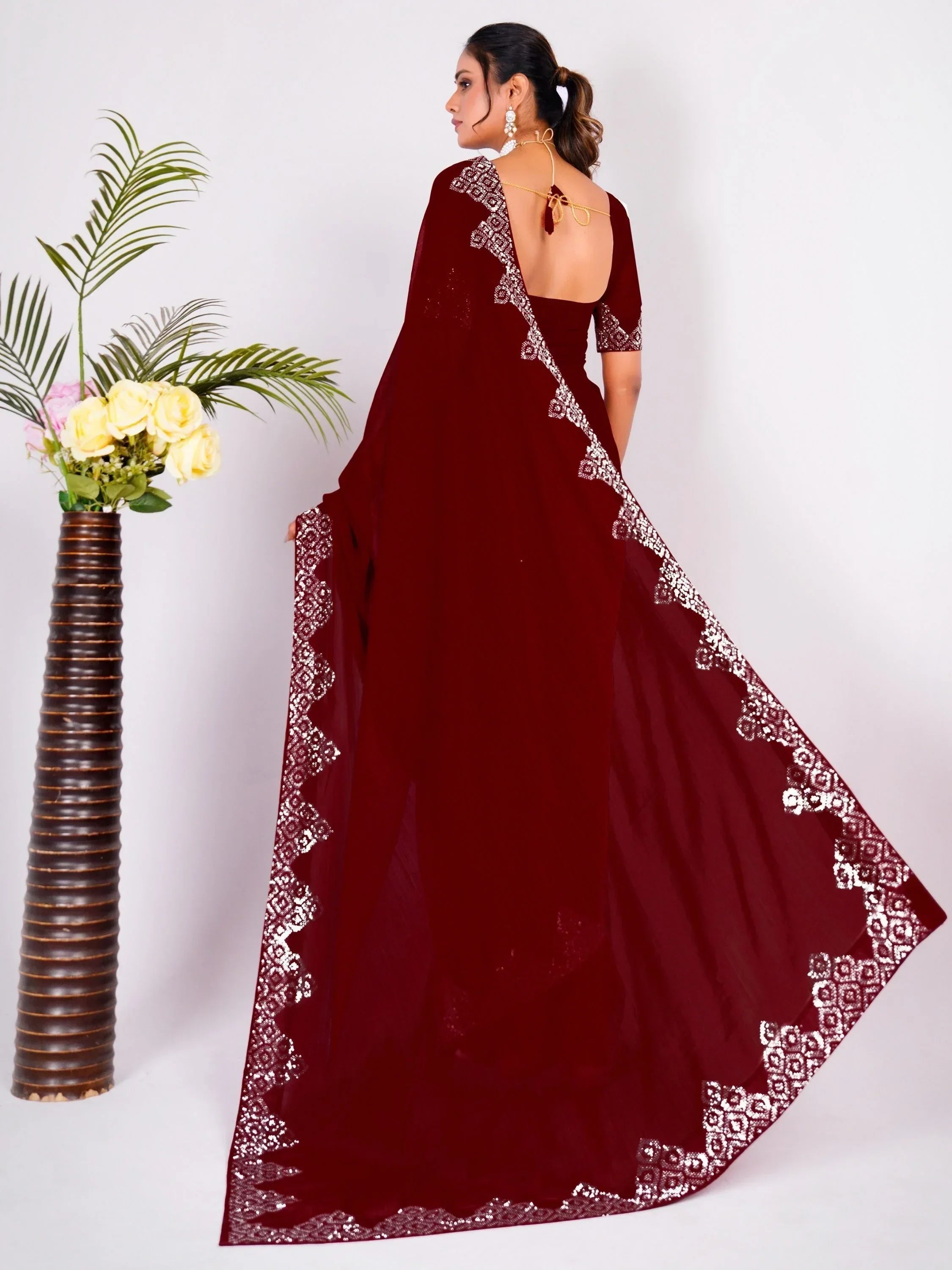 Stunning Maroon Swarovski Work Georgette Designer Saree With Blouse