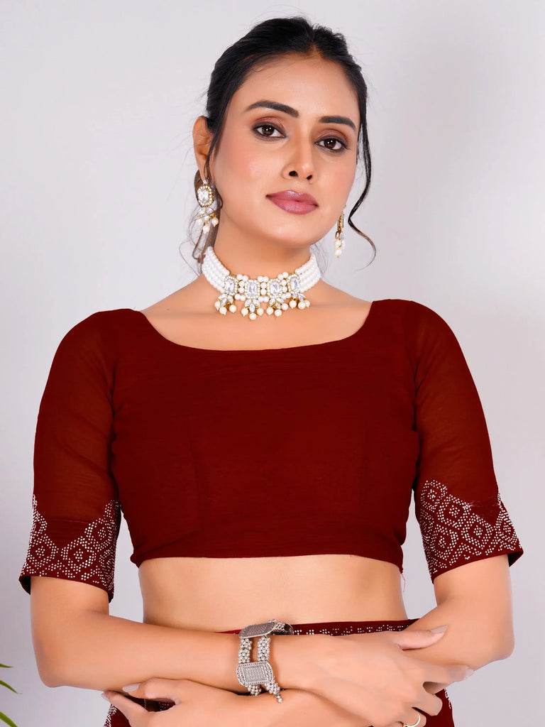 Stunning Maroon Swarovski Work Georgette Designer Saree With Blouse