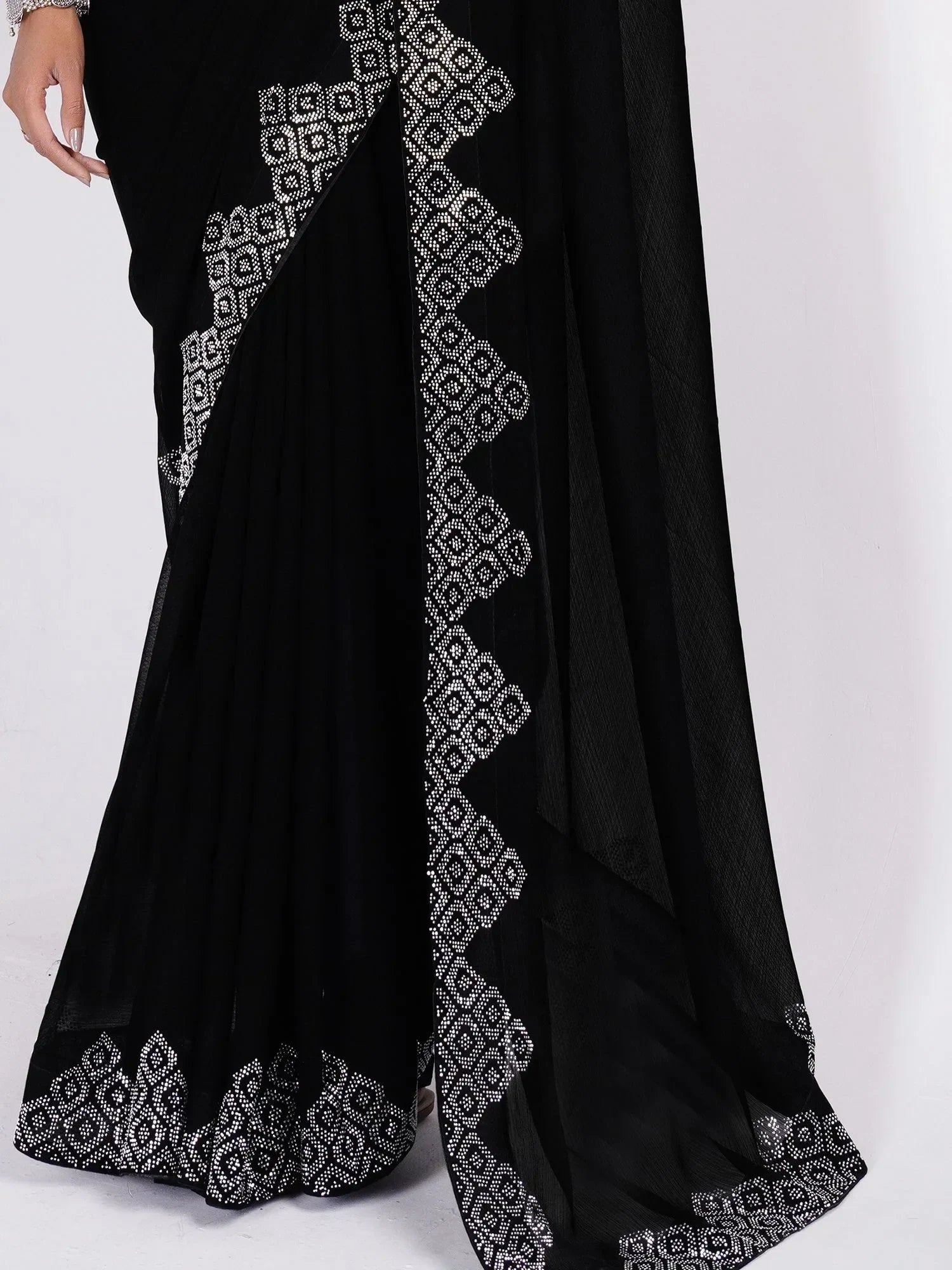 Lovely Black Swarovski Work Georgette Party Wear Saree With Blouse