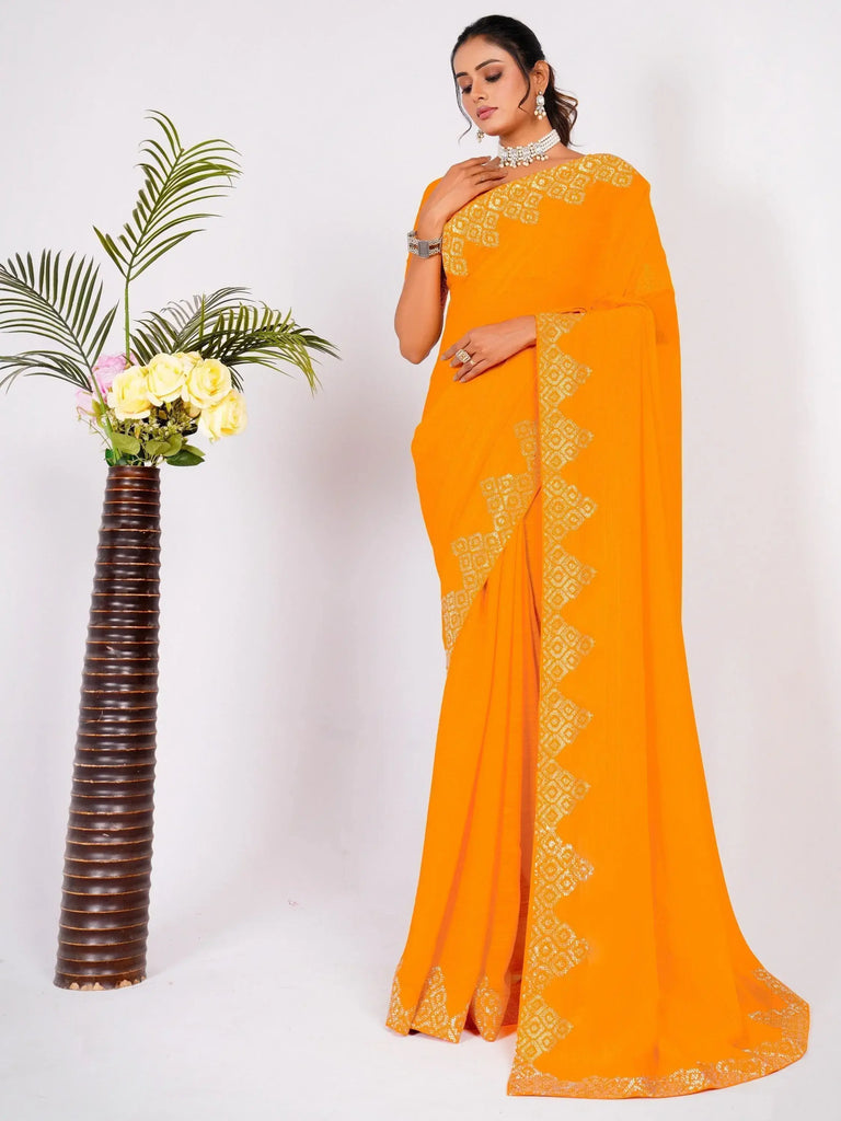 Charming Yellow Swarovski Work Georgette Haldi Wear Saree