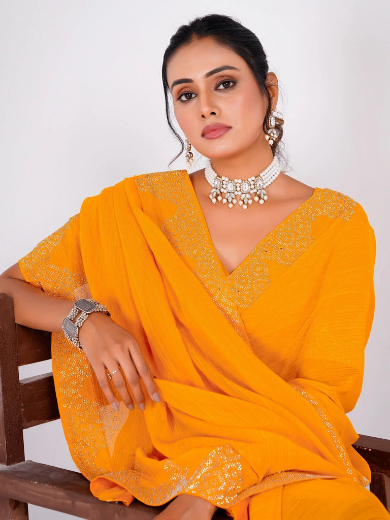 Charming Yellow Swarovski Work Georgette Haldi Wear Saree