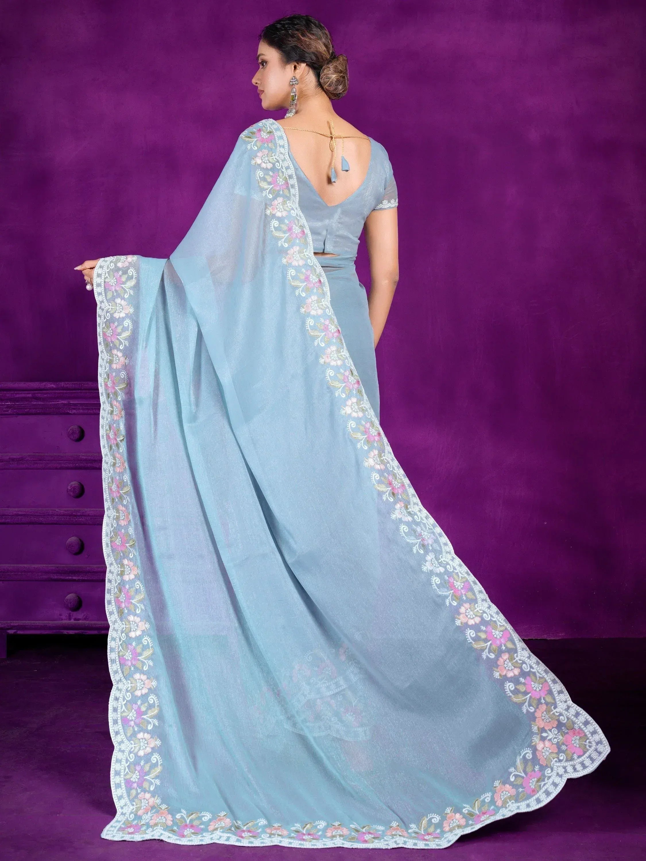 Light blue saree with floral embroidery, back view, ethnic wear for women