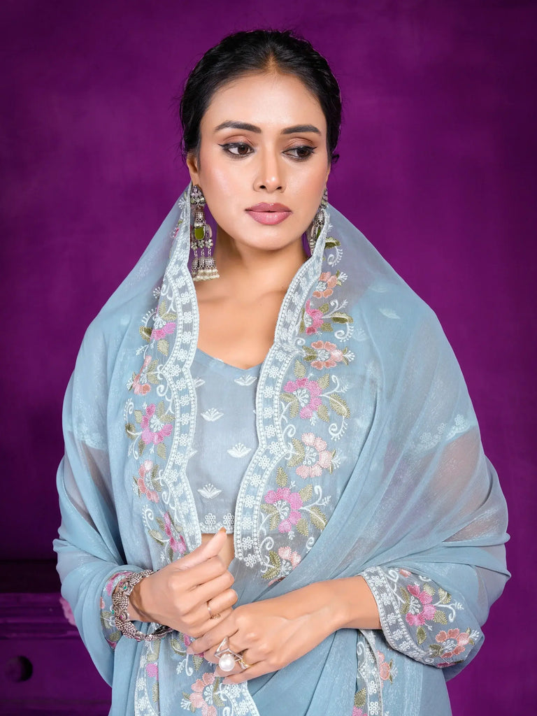Bewitching Sky-Blue Lace Work Chiffon Festival Wear Saree With Blouse