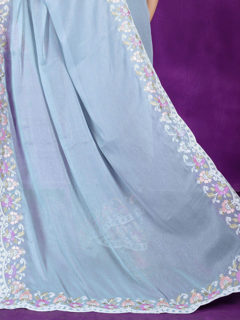 Bewitching Sky-Blue Lace Work Chiffon Festival Wear Saree With Blouse
