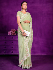 Beautiful Pista Green Lace Work Chiffon Event Wear Saree With Blouse