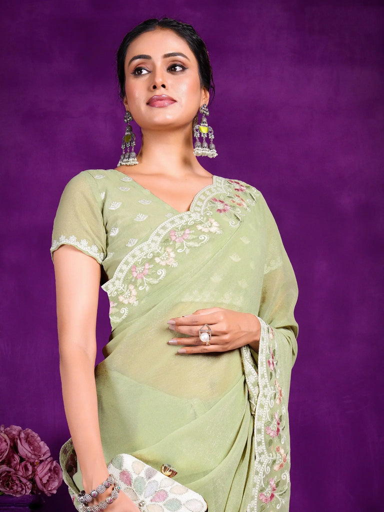Beautiful Pista Green Lace Work Chiffon Event Wear Saree With Blouse