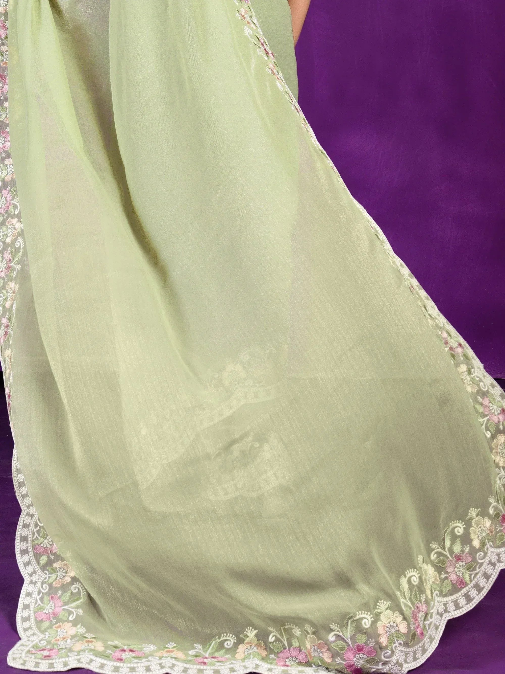 Light green sheer ethnic dupatta with floral embroidery and scalloped lace border