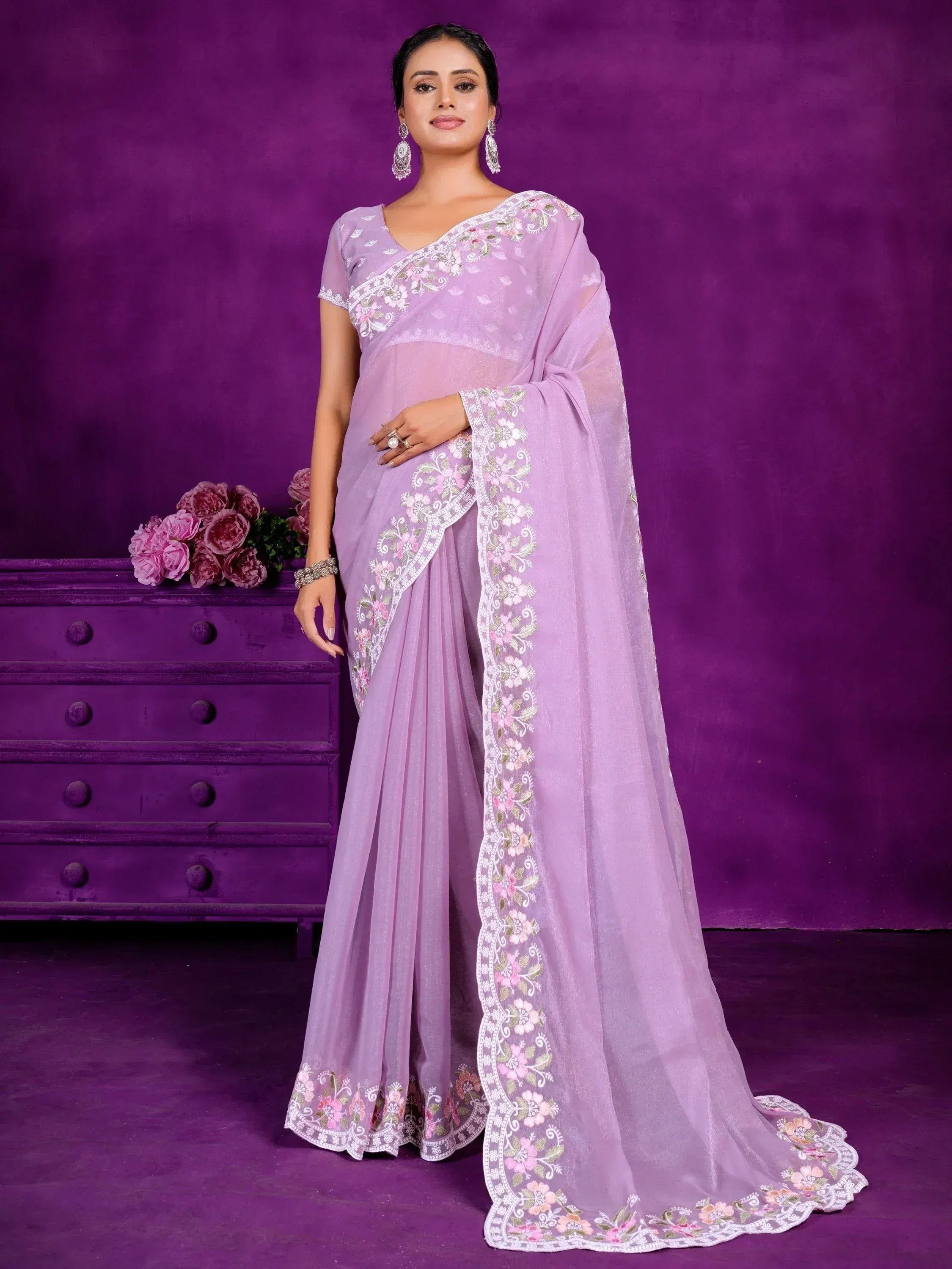 Lavender embroidered saree with floral detailing, perfect for Indian ethnic occasions