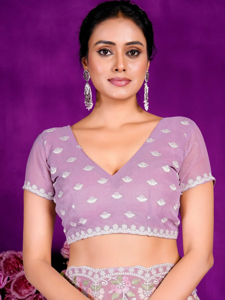 Stunning Lavender Lace Work Chiffon Designer Saree With Blouse