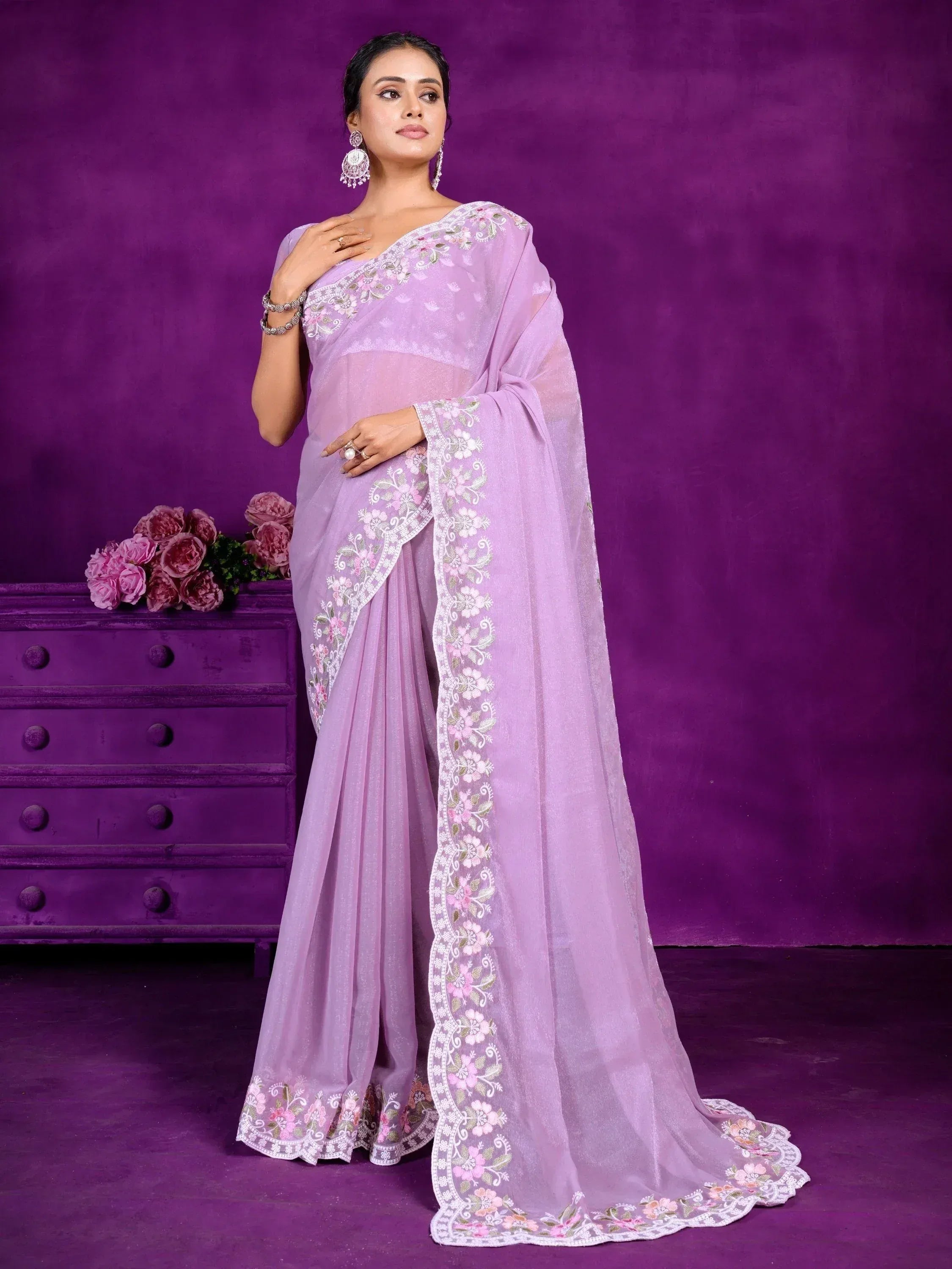 Lavender embroidered saree with floral border, perfect for Indian ethnic wear occasions