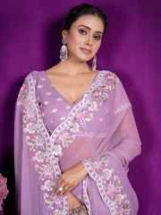 Stunning Lavender Lace Work Chiffon Designer Saree With Blouse