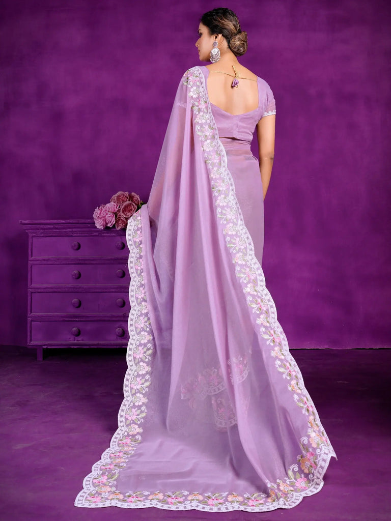 Stunning Lavender Lace Work Chiffon Designer Saree With Blouse