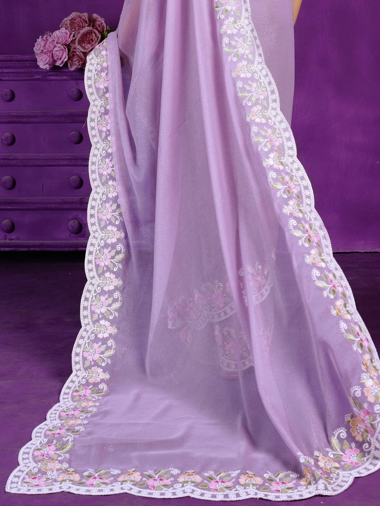 Stunning Lavender Lace Work Chiffon Designer Saree With Blouse