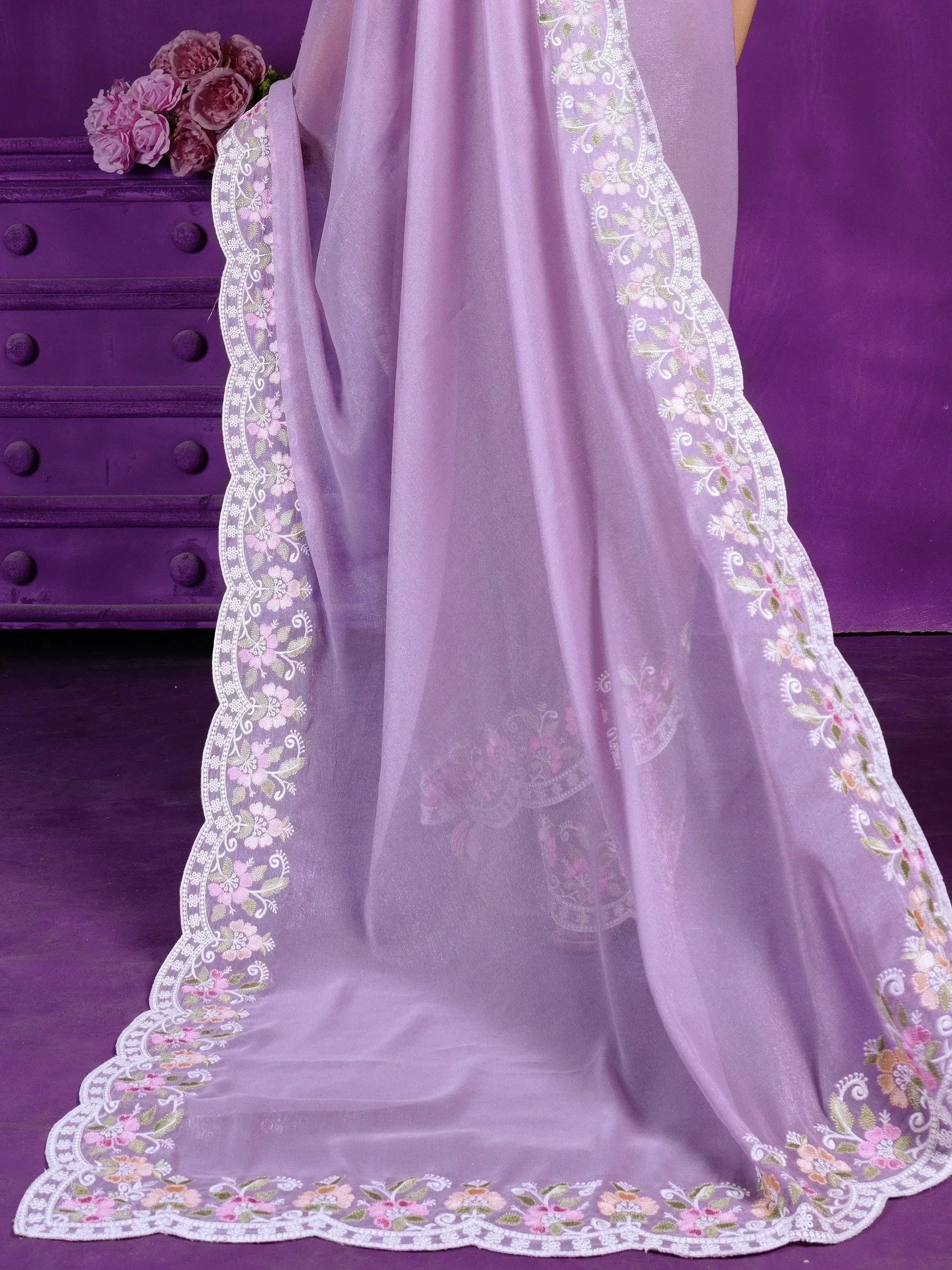 Lavender embroidered dupatta with floral lace border, perfect for Indian ethnic wear