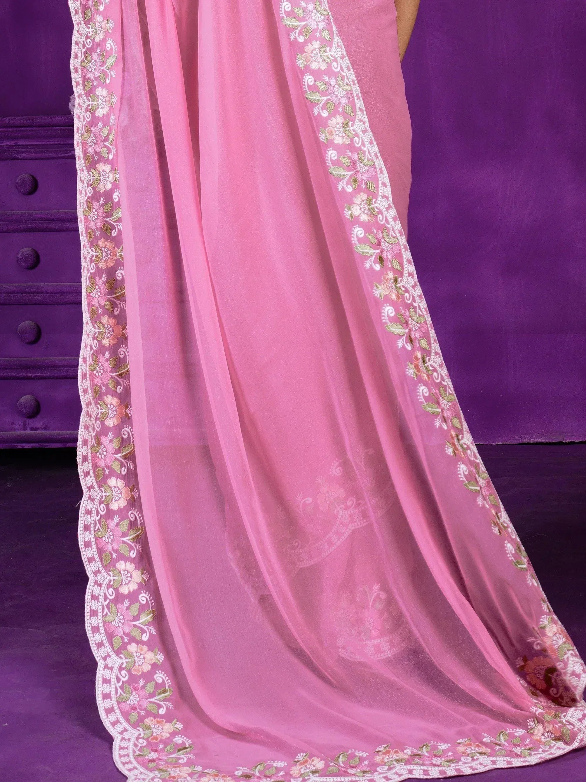 Pink embroidered dupatta with floral lace border for Indian ethnic wear