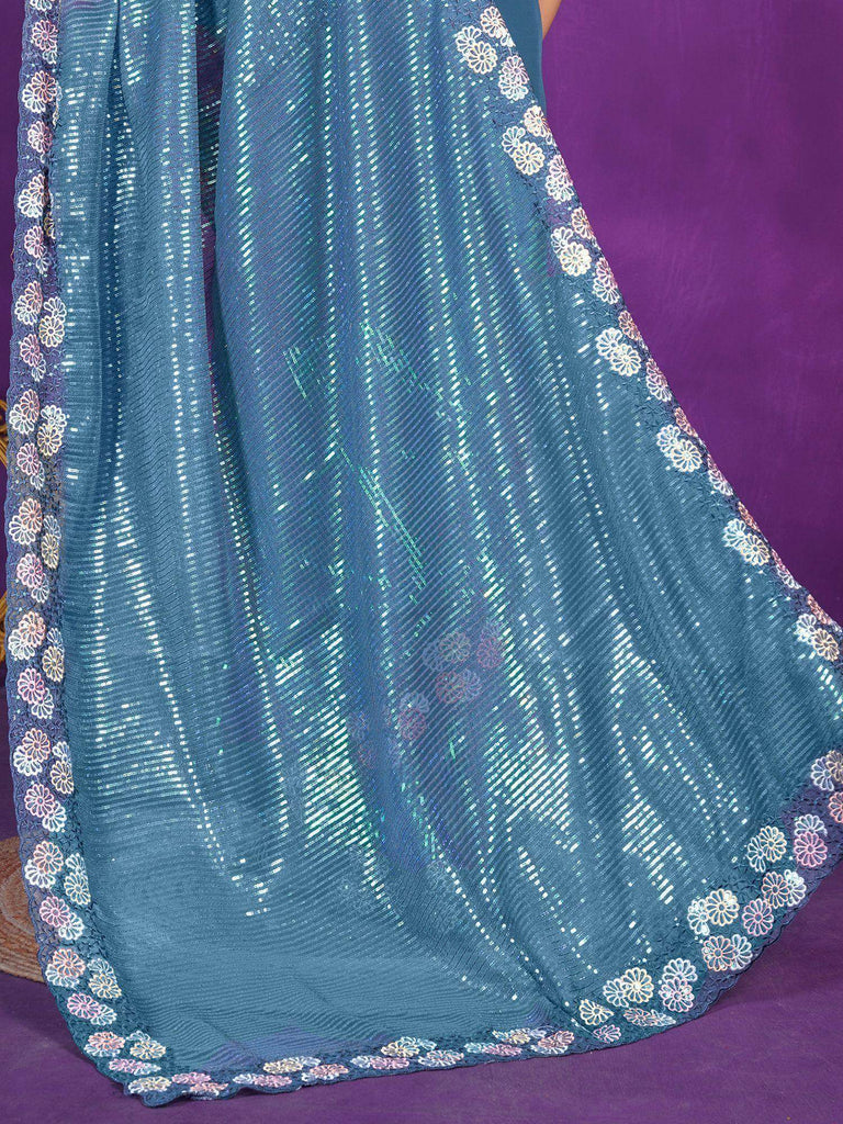 Mesmerizing Dusty Blue Sequins Organza Party Wear Saree With Blouse
