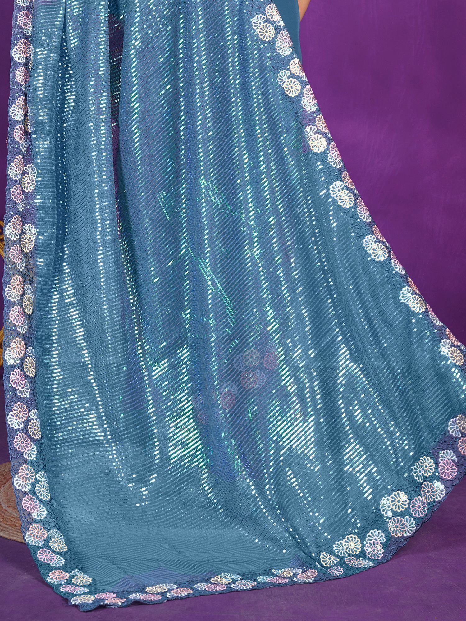 Mesmerizing Dusty Blue Sequins Organza Party Wear Saree With Blouse