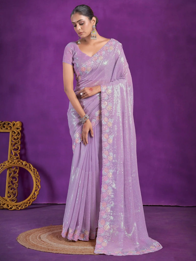 Captivating Lavender Sequins Organza Event Wear Saree With Blouse