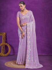 Captivating Lavender Sequins Organza Event Wear Saree With Blouse