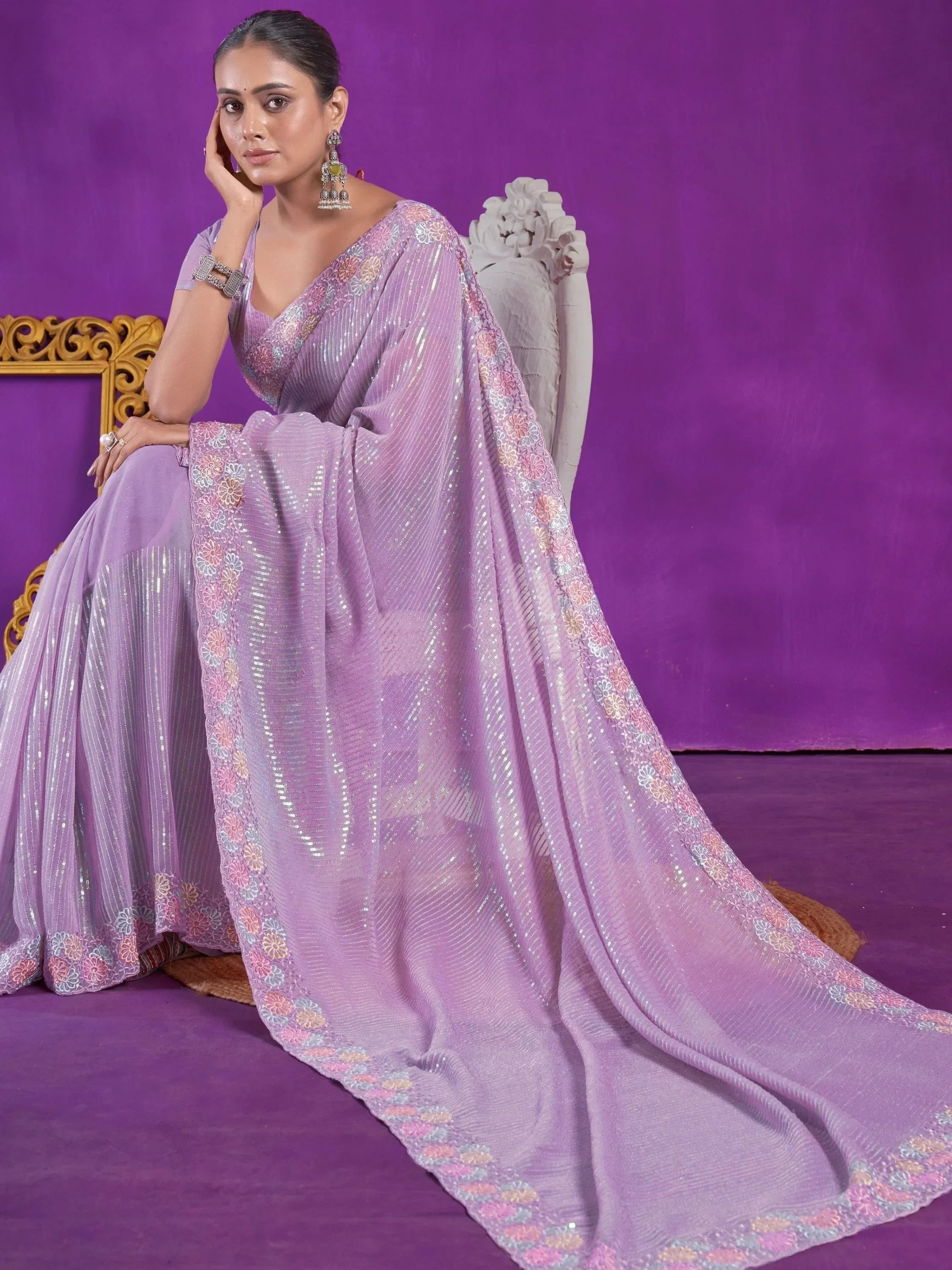 Captivating Lavender Sequins Organza Event Wear Saree With Blouse