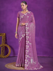 Alluring Purple Sequins Organza Party Wear Saree With Blouse