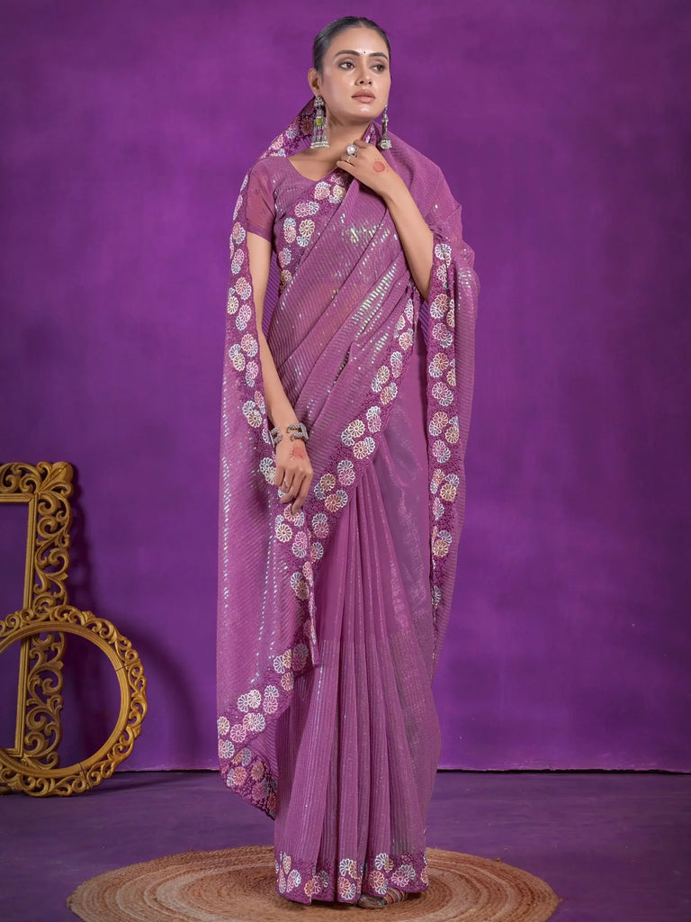 Alluring Purple Sequins Organza Party Wear Saree With Blouse