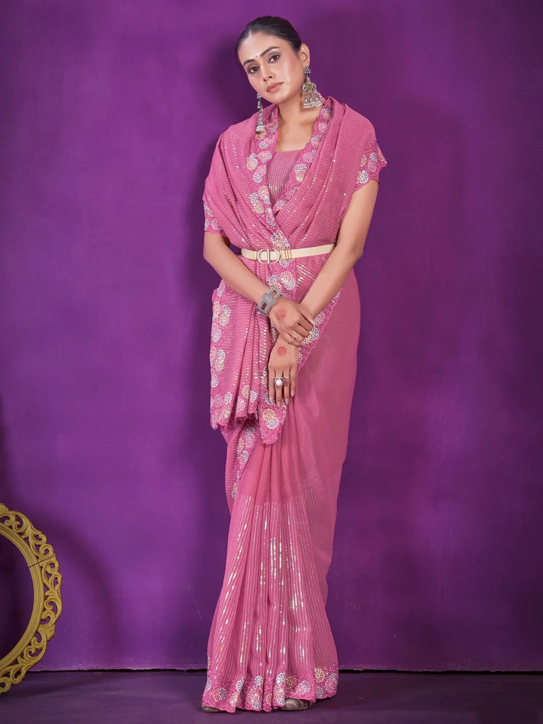 Glamorous Pink Sequins Organza Reception Wear Saree With Blouse