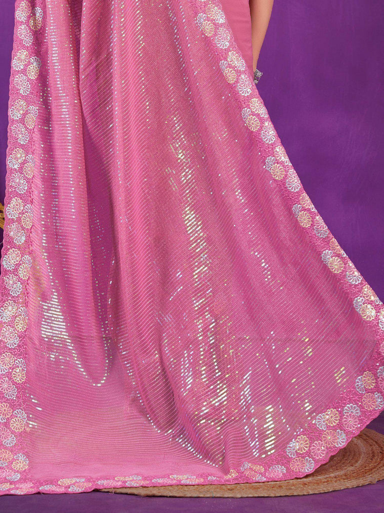 Glamorous Pink Sequins Organza Reception Wear Saree With Blouse