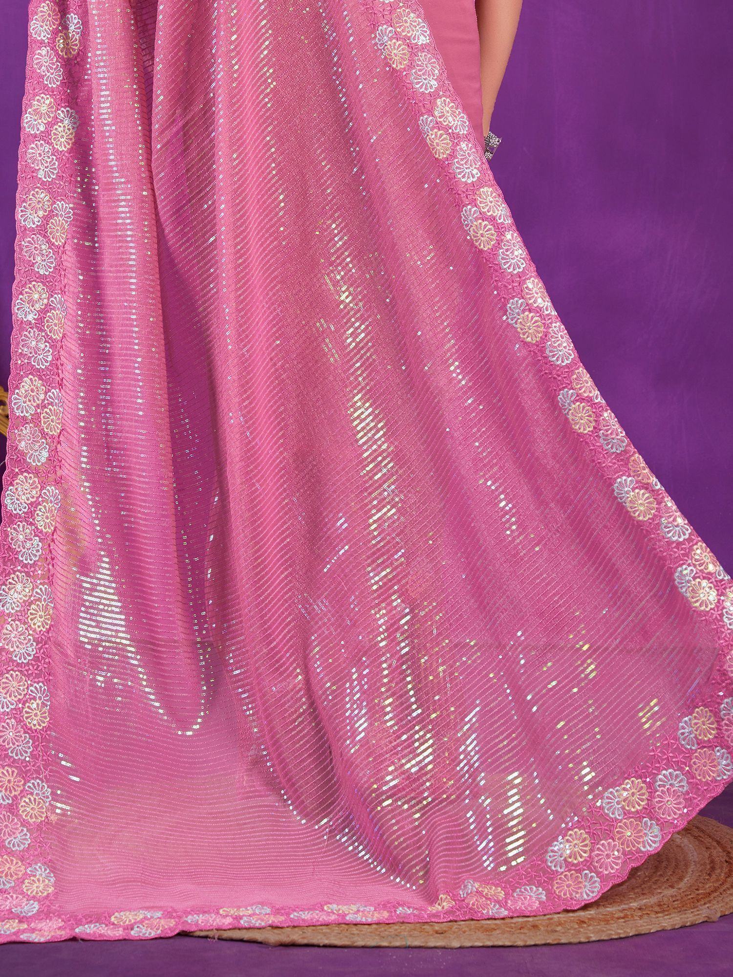 Glamorous Pink Sequins Organza Reception Wear Saree With Blouse