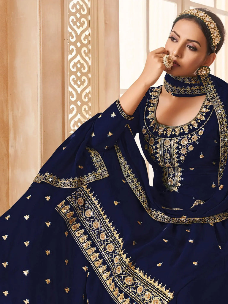 Captivating Navy Blue Embroidered Georgette Wedding Lehenga Suit