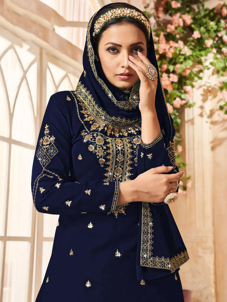 Captivating Navy Blue Embroidered Georgette Wedding Lehenga Suit