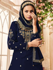 Captivating Navy Blue Embroidered Georgette Wedding Lehenga Suit